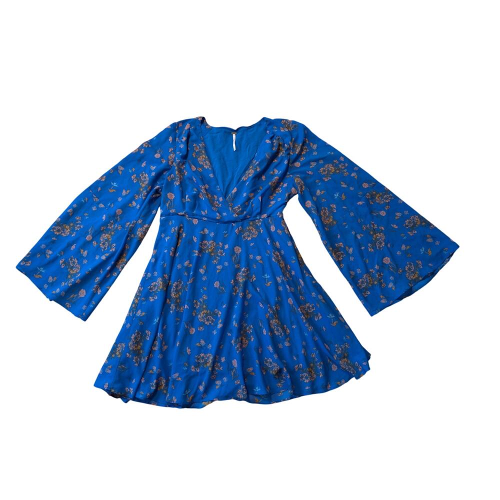 Free People Women's Floral V-Neck Mini Dress Blue Bell Sleeve Boho Size L